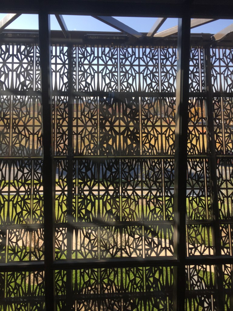 Interior view of the basket-like casing of the National Museum of African American History and Culture. The museum was lead by an African-American and British-Ghanian architects.